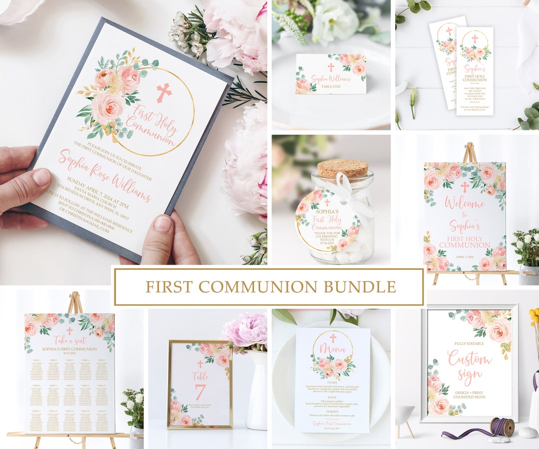 Blush Pink Floral First Communion Invitation Bundle (EDITABLE Template ...
