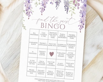 Wisteria Bridal Shower Bingo Game | Find The Guest, Printable (EDITABLE)