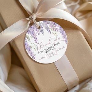 Glyzinien Geschenkanhänger | EDITIERBARE Runde Danke-Aufkleber-Vorlage | Lavendel Blumen | Braut Gunsten Anhänger | Violette Babyparty