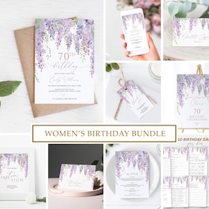 Pacote de convites elegantes de glicínia roxa para 70º aniversário | Modelo EDITÁVEL | Convite de aniversário para impressão em lavanda | Convite de aniversário para qualquer idade