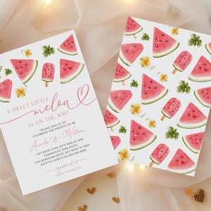 Wassermelone-Babyparty-Einladung | Bearbeitbares Sommermelonen-Thema einladen | Eine süsse kleine Melone ist unterwegs | Druckbare Baby Shower Vorlage