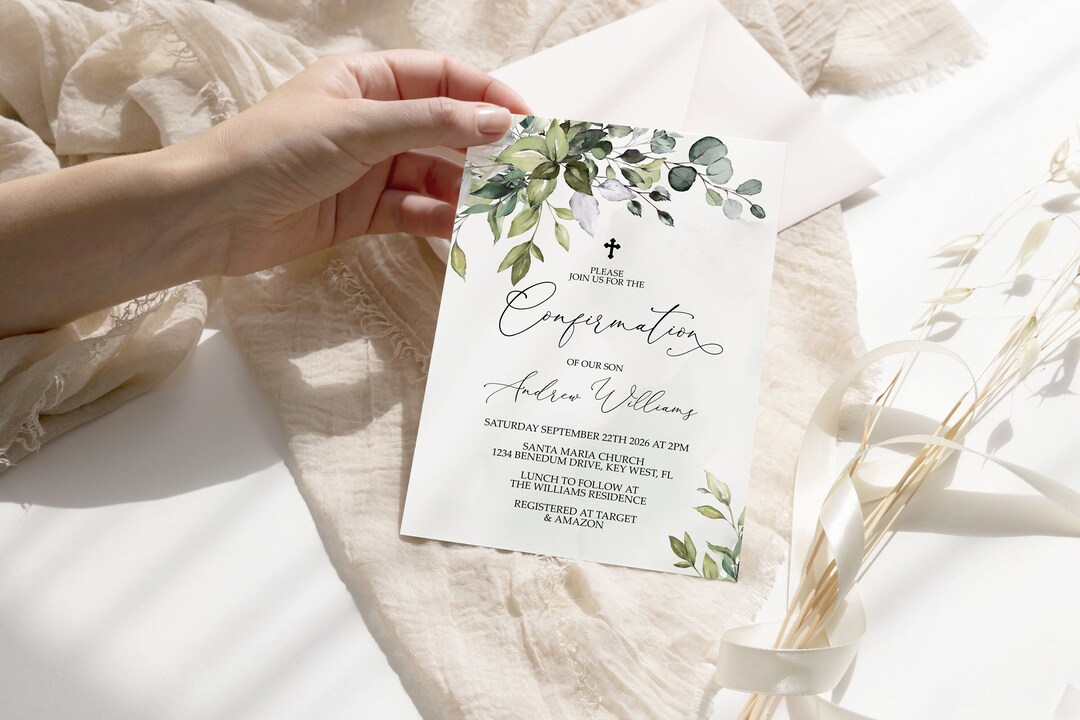Greenery Confirmation Invitation: Eucalyptus Floral Template (EDITABLE ...