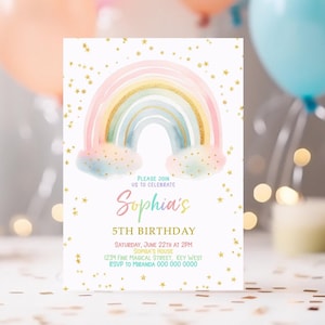 Regenboog verjaardagsuitnodiging | BEWERKBARE afdrukbare kleurrijke pastel regenboog feestuitnodiging | Regenboog vol plezier met gouden sterren | Verjaardag meisje