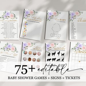 Blush Pink & Violet Flowers Baby Shower Games Bundle - Editable Baby Shower Game Templates, Purple Floral Printable Baby Shower Activities