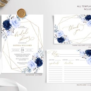 Marineblauwe en gouden bloemenuitnodiging vrijgezellenfeest | Bewerkbare sjabloon Royal Blue Rose | Koraalbloemen, brunch, uitnodiging kippenavond