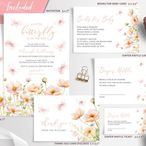 Conjunto de convites para chá de bebê "Butterfly Is The Way" | Modelo EDITÁVEL de flores silvestres rosa e pêssego | Tema Boho Nature para imprimir