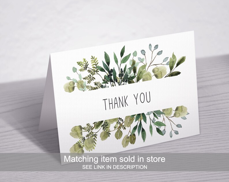 Peut inclure: Une carte blanche avec une bordure florale aquarelle verte et le texte "Merci". La carte a un article assorti vendu en magasin, avec un lien dans la description.
