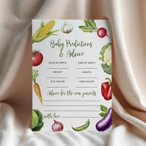 Jeu de prédictions et de conseils pour les bébés cultivés localement | Carte imprimable modifiable de douche de jardin potager | Modèle d'activité brunch pour bébé à la ferme rustique
