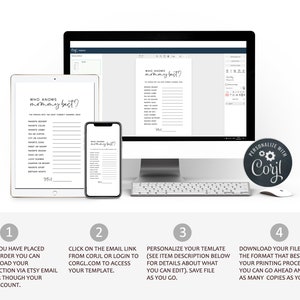 May include: A digital download for a printable "Who Knows Mommy Best?" game. The game is designed for a baby shower or other celebration. The game is shown on a computer screen, a tablet, and a smartphone. The text "PERSONALIZE WITH CORJL" is shown in a circle with a gear icon.