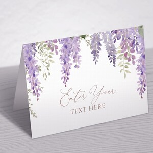 Elegantes Lila Buffet mit Wisteria Karte | Bearbeitbare druckbare violette Lebensmitteletiketten mit Blumenmuster | Garten-rustikale Boho DIY Buffet-Zelt-Karte
