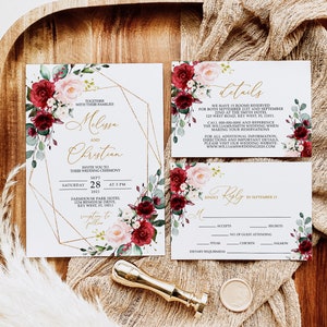 Set di inviti di nozze Marsala e rosa cipria, modello modificabile, invito a nozze stampabile con cornice in rosa bordeaux e oro, RSVP, dettagli, ringraziamento