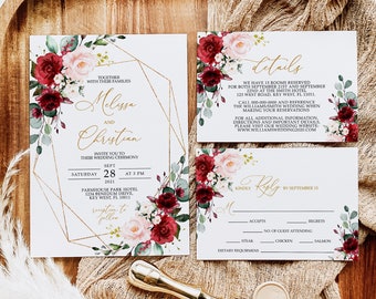 Marsala & Blush Pink Wedding Invitation Set, EDITABLE Template, Printable Burgundy Rose and Gold Frame Wedding Invite, RSVP, Details, Thank