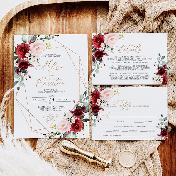 Marsala & Blush Pink Hochzeitseinladung Set, EDITIERBARE Vorlage, druckbare Burgunder Rose und Gold Rahmen Hochzeitseinladung, RSVP, Details, Thank