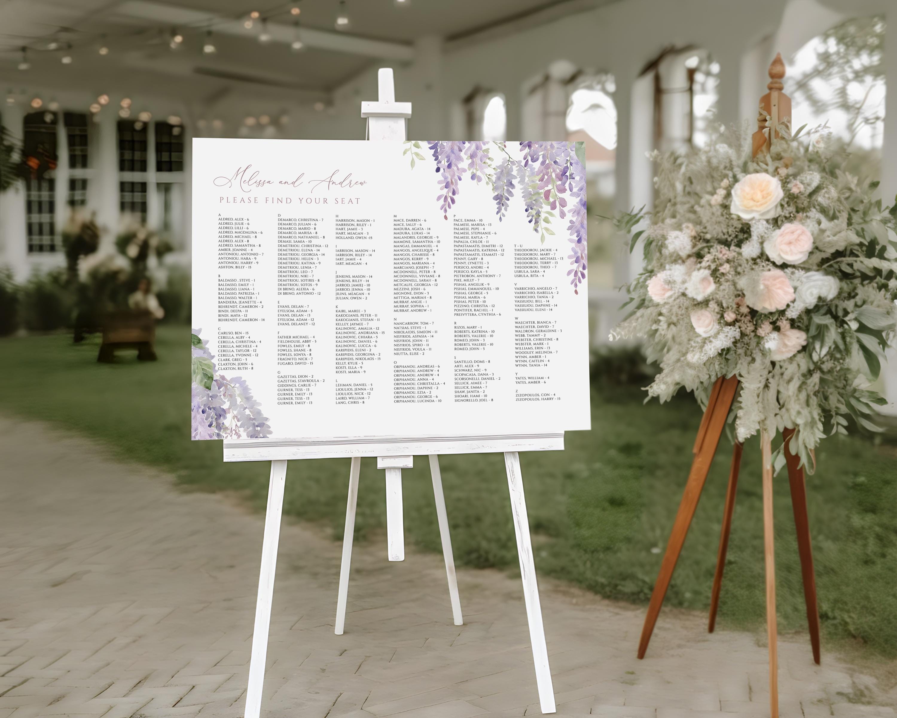 Elegant Purple Wisteria Wedding Seating Chart Template | Lavender Floral Alphabetical Seating Plan | DIY Printable Wedding Seating Chart