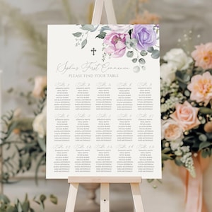 Tafelopstelling eerste communie | BEWERKBARE roze en paarse bloemen tabel poster sjabloon | DIY-afdrukbare tafelschildersezel met zilveren doop