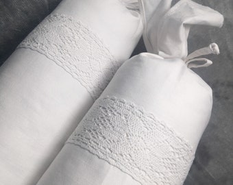 White cotton  bolster pillows cover with Flowers lace - Pillow case with bow ties