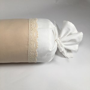 Beige round bolster pillows case with lace and bow ties - Antique cylinder pillow