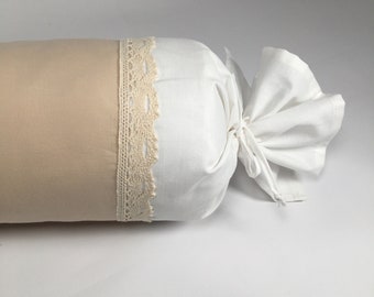 Beige round bolster pillows case with lace and bow ties - Antique cylinder pillow