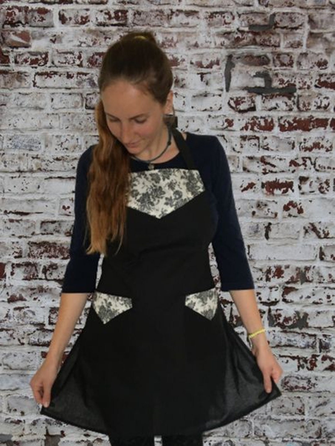 Black Apron Dress With Beige Flowers, Long Stripe and Two