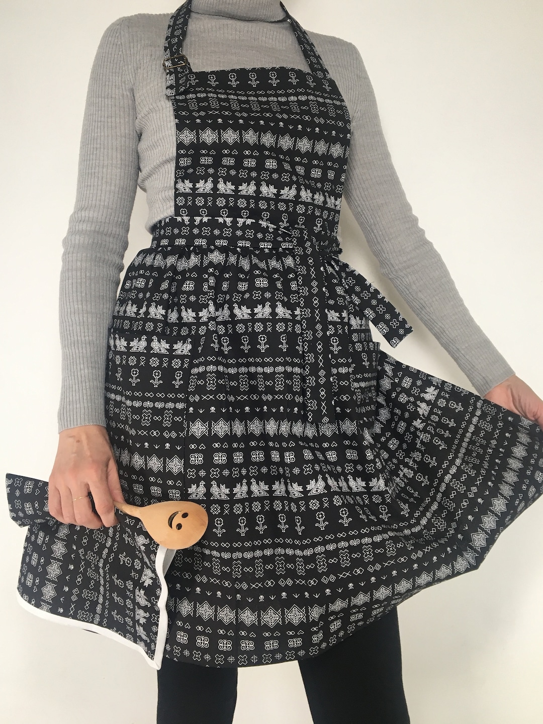 Black and White Cotton Apron Dress With Gift 2 Tea Towels Set of 3 Etsy