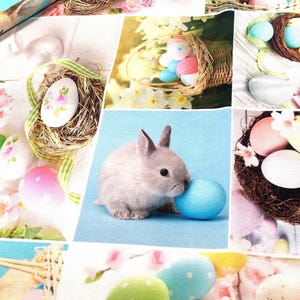 pastel green Easter bunnies table runner with Easter eggs