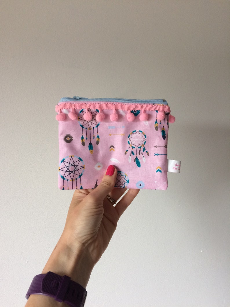 weekend purse with feather motif pink boho zipper wallet Dream catcher fabric purse Indian print zipper pouch