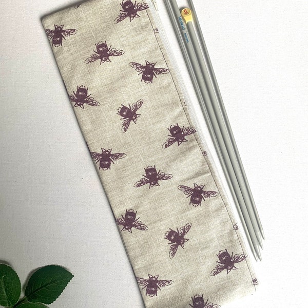 Knitting needles bag, long zipper pouch for storage, bee print bag, bee related gifts for women, project bag with lining, purple bees fabric