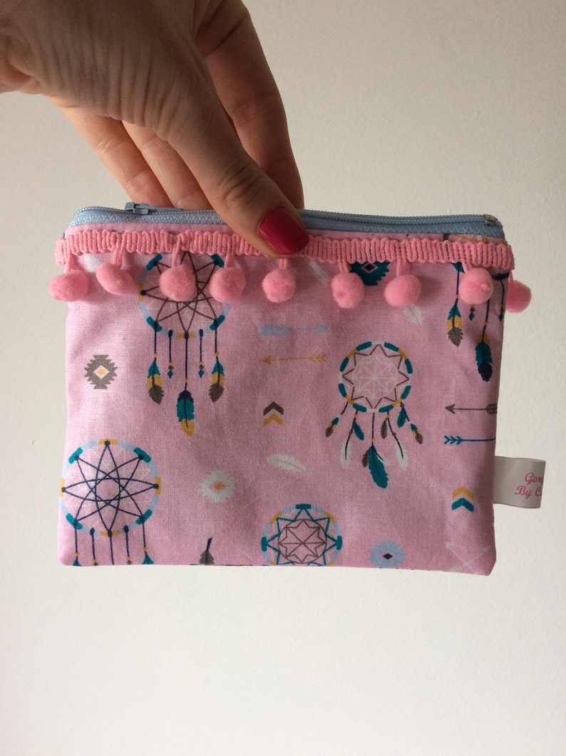 weekend purse with feather motif pink boho zipper wallet Dream catcher fabric purse Indian print zipper pouch