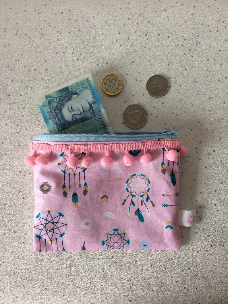 weekend purse with feather motif pink boho zipper wallet Dream catcher fabric purse Indian print zipper pouch