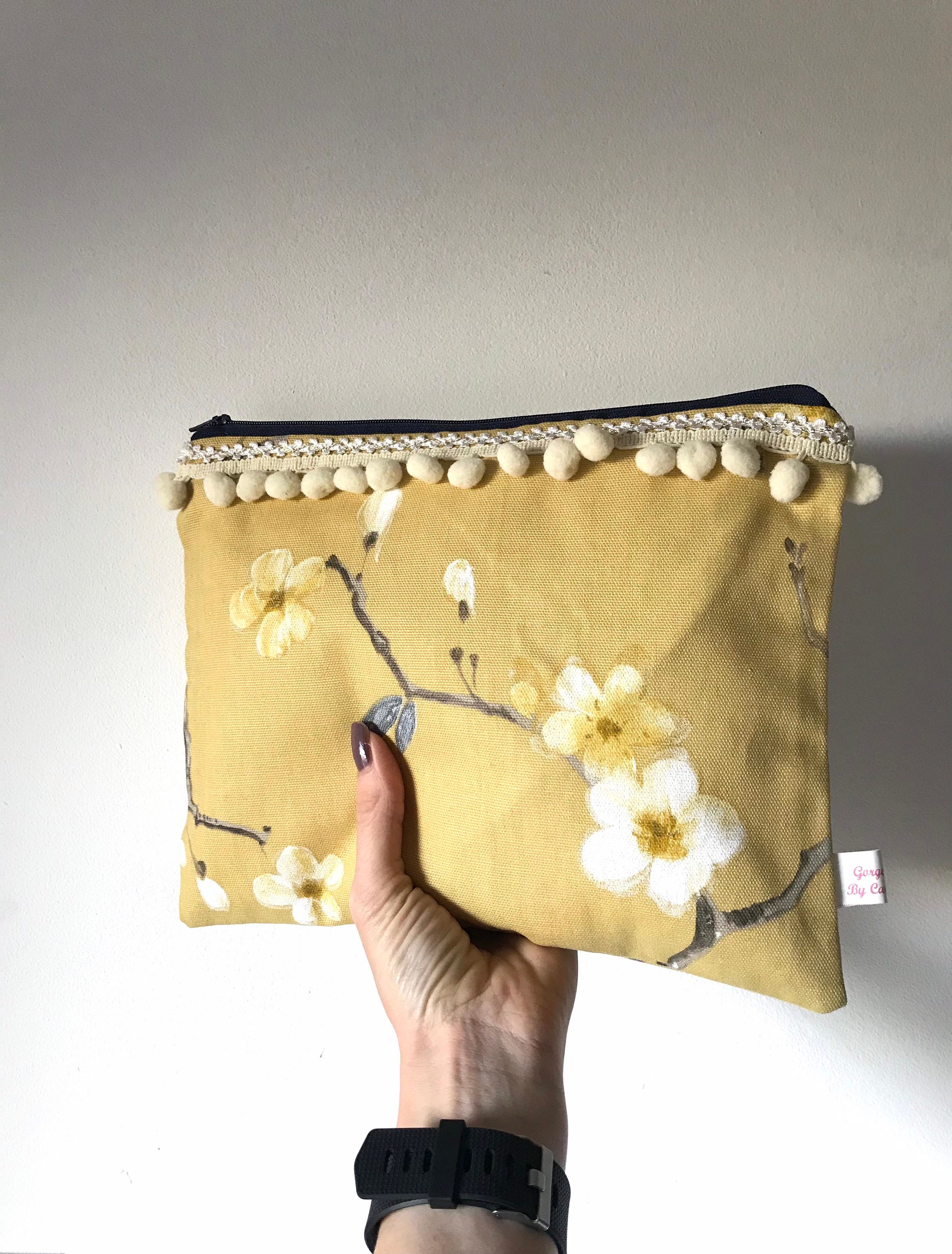 Mustard yellow clutch bag with Pom Poms womens floral clutch Etsy