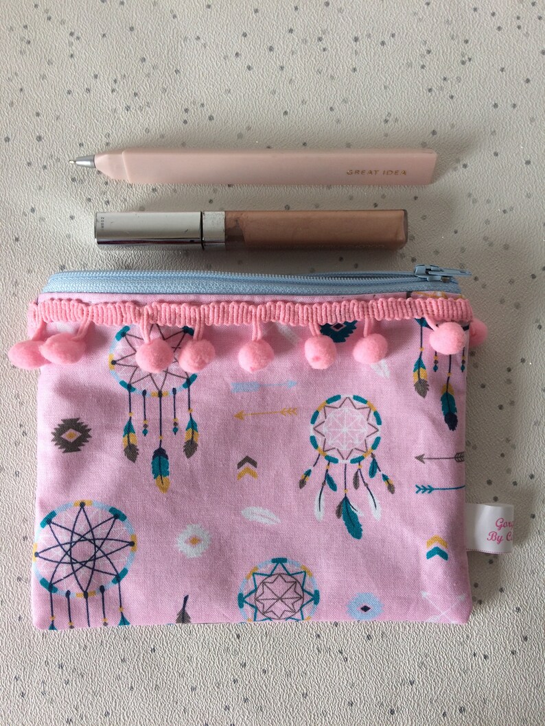 weekend purse with feather motif pink boho zipper wallet Dream catcher fabric purse Indian print zipper pouch