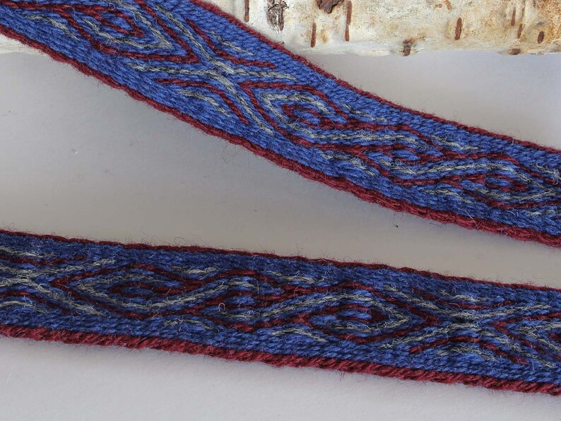 red and gray. Blue medieval historical braid Viking reenactment Tablet woven wool trim