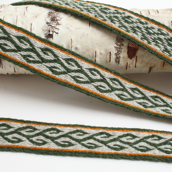 Tablet woven wool trim. Viking reenactment, medieval historical braid. Green, orange and light gray.