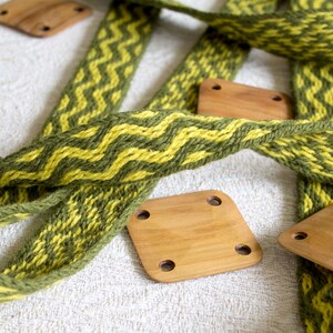 Tablet woven wool trim. Viking reenactment, medieval historical braid. Green and yellow. image 6