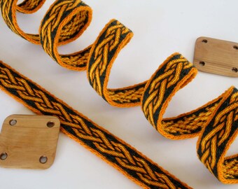 Tablet woven wool trim. Viking reenactment. Orange, black and yellow.