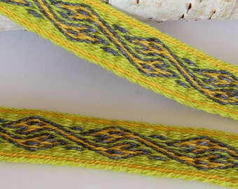Tablet woven wool trim. Viking reenactment. Green, yellow and gray.
