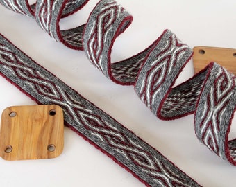 Tablet woven wool trim. Viking reenactment, medieval historical braid. Gray, red and white.