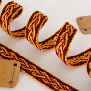 Tablet woven wool trim. Viking reenactment. Red, orange and yellow.