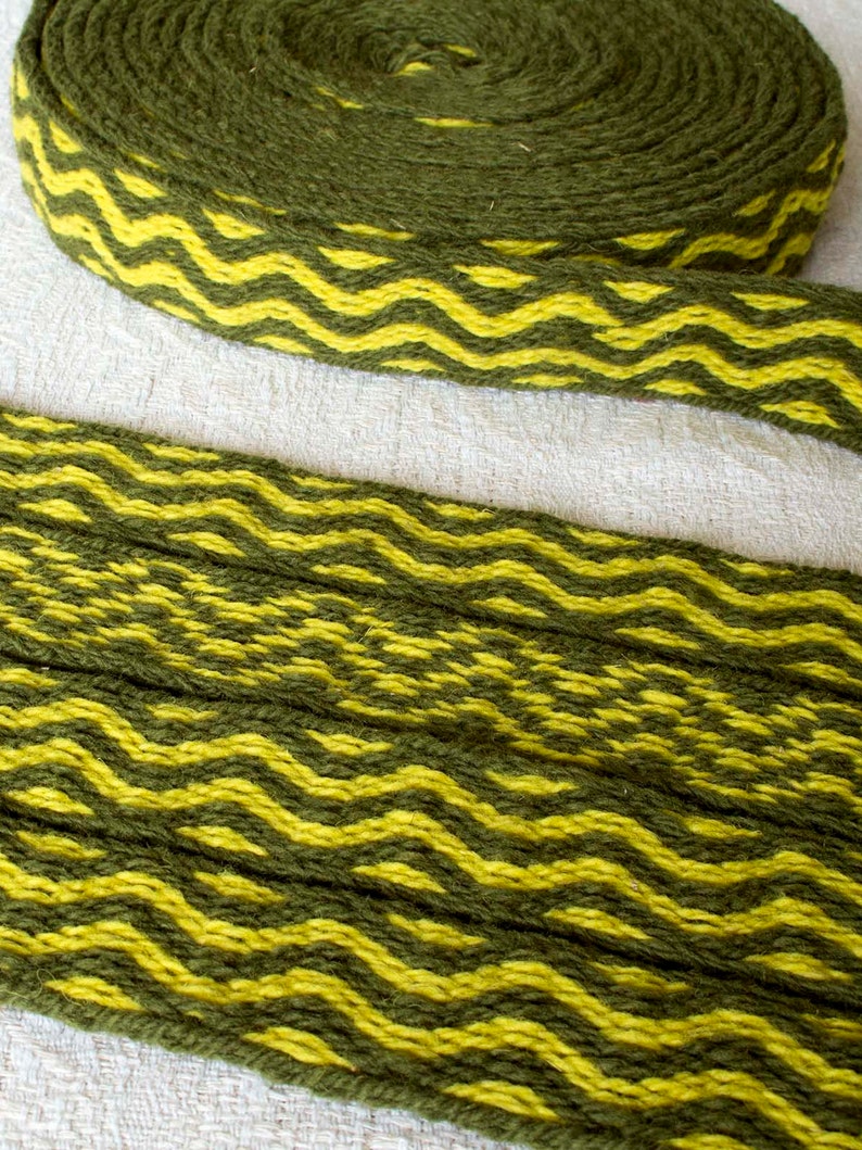 Tablet woven wool trim. Viking reenactment, medieval historical braid. Green and yellow. image 1