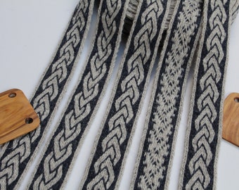 Tablet woven wool trim. Viking reenactment, medieval historical braid. Blue and light gray.