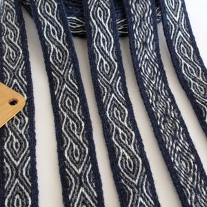 Tablet woven wool trim. Viking reenactment, medieval historical braid. Dark blue, white and gray.