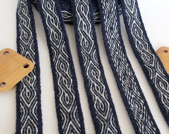 Tablet woven wool trim. Viking reenactment, medieval historical braid. Dark blue, white and gray.