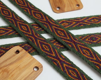 Tablet woven wool trim. Viking reenactment. Purple, green and orange.