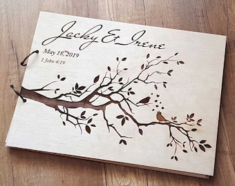 Rustic Wooden Wedding Guest Book: Tree & Love Birds Design