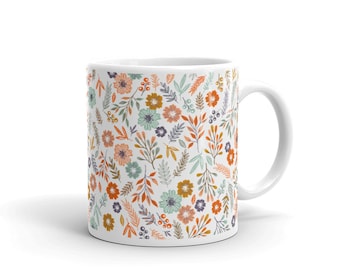 Floral Ceramic Coffee Mug, Burnt Orange Flower Pattern