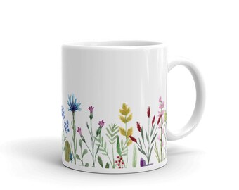 Watercolor Spring Flowers Coffee Mug, Ceramic Floral Design