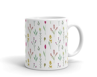 Watercolor Floral Coffee Mug, Spring Flower Pattern, Ceramic Mug