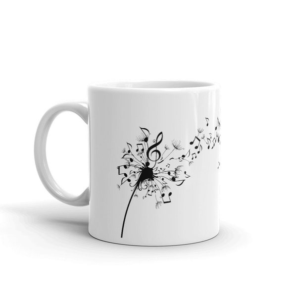 Musiker Geschenk Tasse Musik Noten und Pusteblume. Musik Tassen. Einfaches Design Musiklehrer Geschenk. Musik Liebhaber Morgen Kaffeebecher Keramik