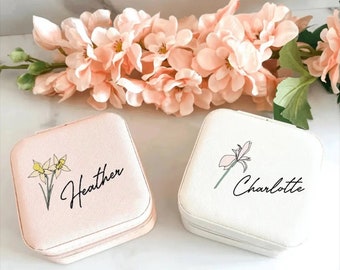 Personalized Leather Jewelry Travel Case: Birth Flower and Name, Gift
