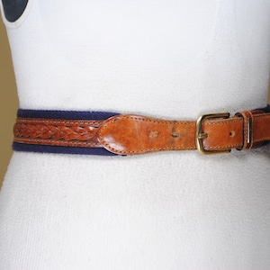 Vintage Brown Leather & Navy Fabric Belt for Women, Rustic Braided Accent Waist Belt with Brass Buckle, Classic Countrycore Belt